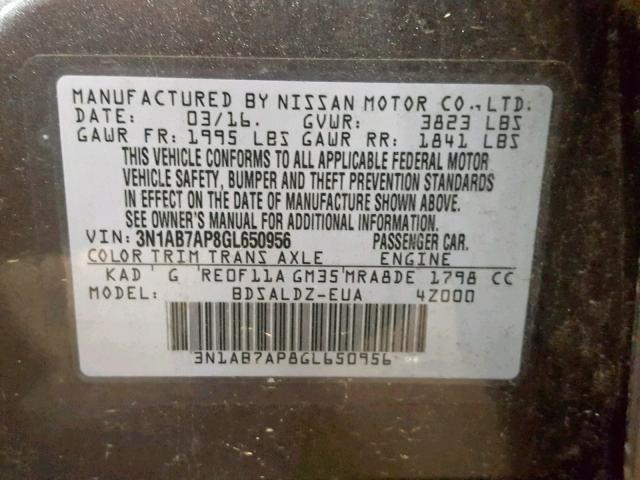 3N1AB7AP8GL650956 - 2016 NISSAN SENTRA S GRAY photo 10