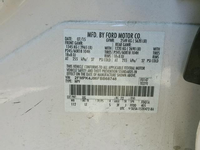 2FMPK4J86FBB68748 - 2015 FORD EDGE SEL WHITE photo 10