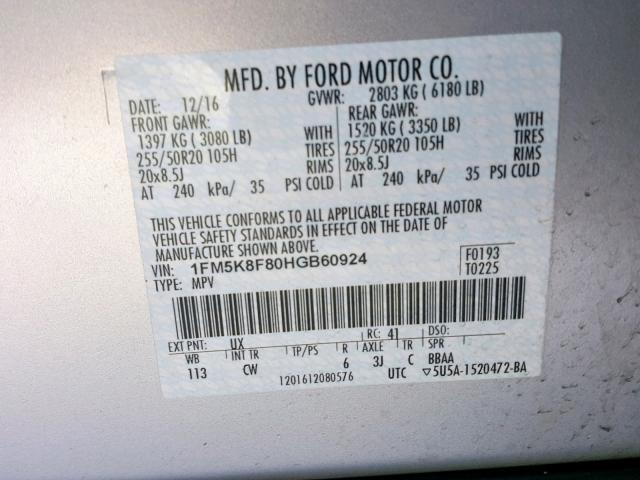 1FM5K8F80HGB60924 - 2017 FORD EXPLORER L SILVER photo 10