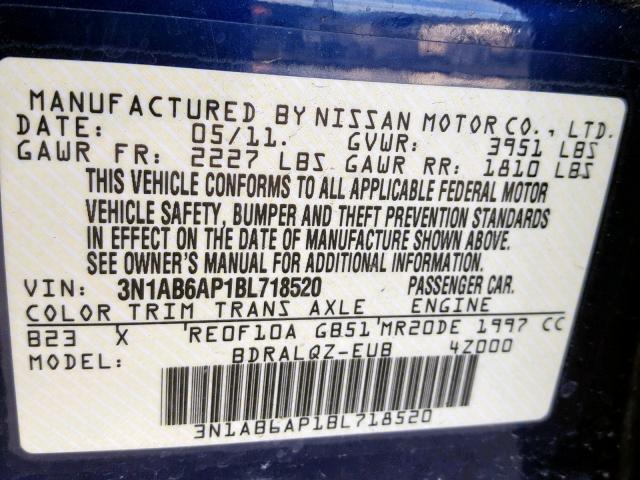 3N1AB6AP1BL718520 - 2011 NISSAN SENTRA 2.0 BLUE photo 10