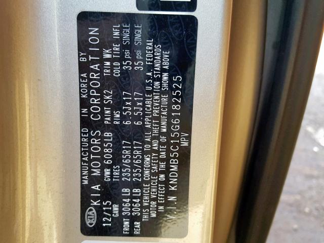 KNDMB5C15G6182525 - 2016 KIA SEDONA LX GOLD photo 10