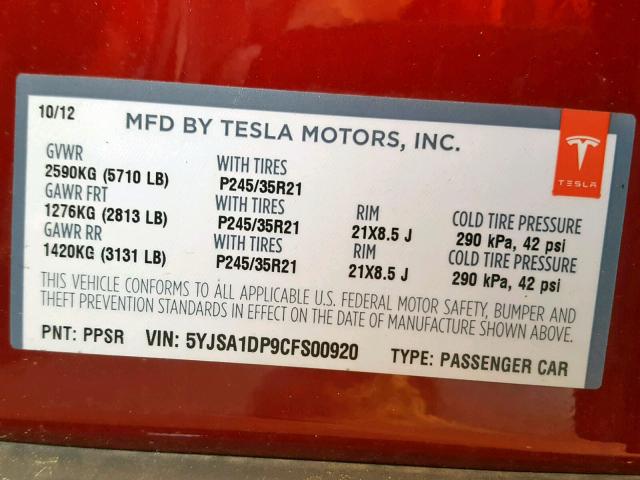 5YJSA1DP9CFS00920 - 2012 TESLA MODEL S RED photo 10