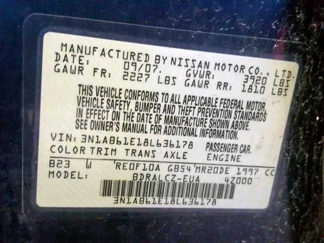 3N1AB61E18L636178 - 2008 NISSAN SENTRA 2.0 BLUE photo 10