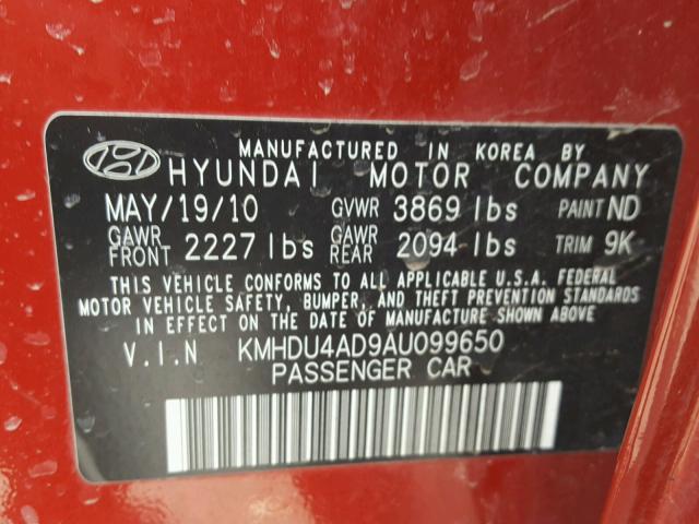 KMHDU4AD9AU099650 - 2010 HYUNDAI ELANTRA BL RED photo 10