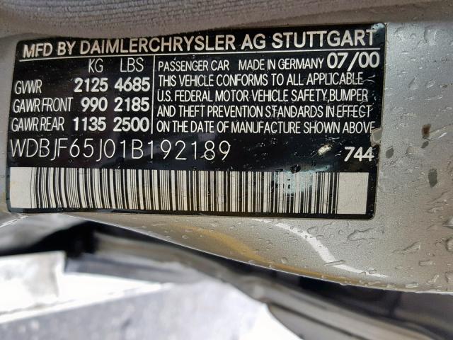 WDBJF65J01B192189 - 2001 MERCEDES-BENZ E 320 SILVER photo 10