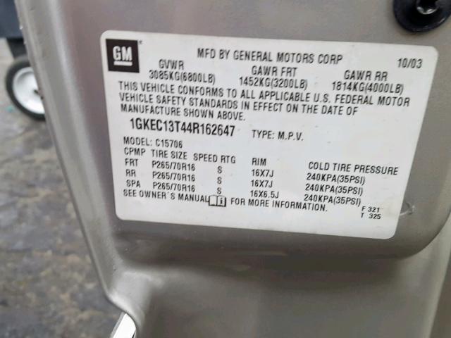 1GKEC13T44R162647 - 2004 GMC YUKON GRAY photo 10