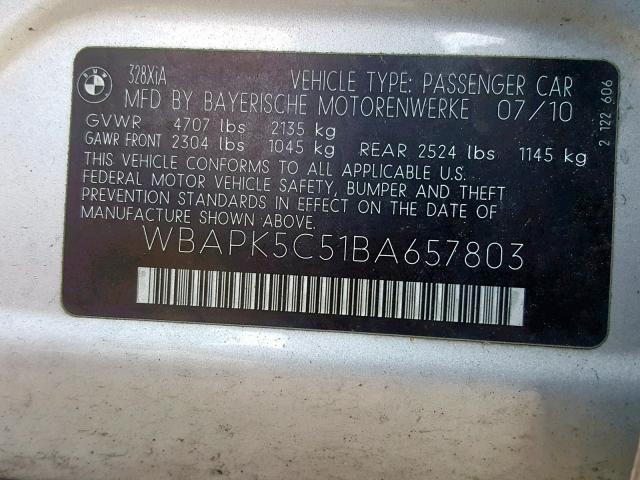 WBAPK5C51BA657803 - 2011 BMW 328 XI SUL SILVER photo 10