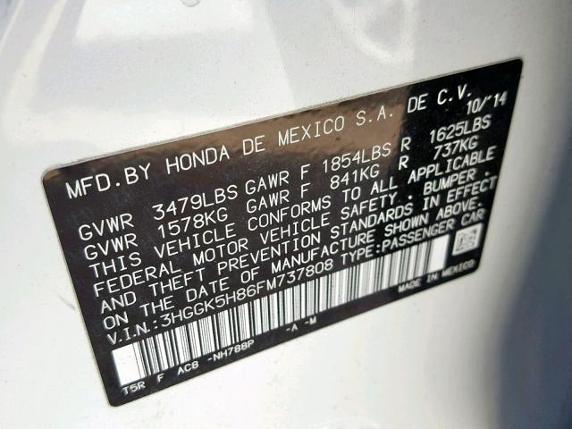 3HGGK5H86FM737808 - 2015 HONDA FIT EX WHITE photo 10