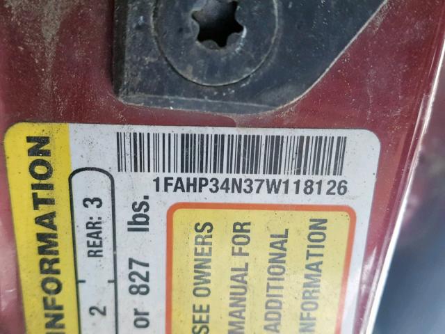 1FAHP34N37W118126 - 2007 FORD FOCUS ZX4 BURGUNDY photo 10