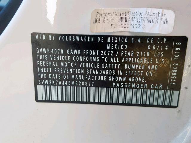 3VW2K7AJ4EM320927 - 2014 VOLKSWAGEN JETTA BASE Սպիտակ լուսանկար 10