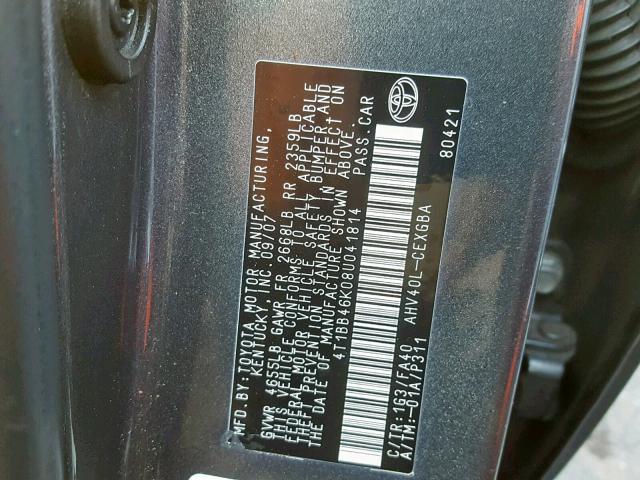 4T1BB46K08U041814 - 2008 TOYOTA CAMRY HYBR GRAY photo 10