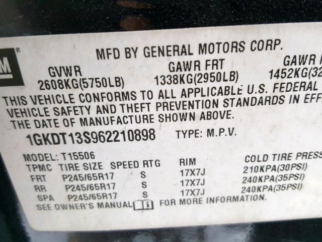 1GKDT13S962210898 - 2006 GMC ENVOY BLACK photo 10