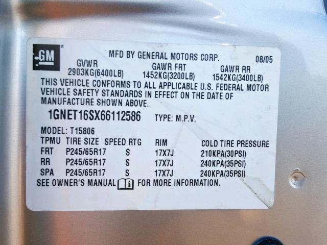 1GNET16SX66112586 - 2006 CHEVROLET TRAILBLAZE GRAY photo 10