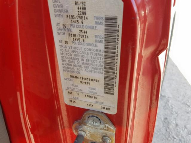 1N6SD11S4NC346753 - 1992 NISSAN TRUCK SHOR RED photo 10