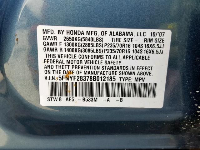 5FNYF28378B012185 - 2008 HONDA PILOT SE BLUE photo 10