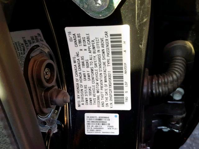 2HGFC2F7XGH543011 - 2016 HONDA CIVIC EX BLACK photo 10