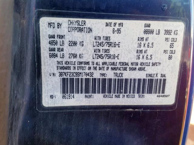 3B7KF23C9SM170432 - 1995 DODGE RAM 2500 BLUE photo 10