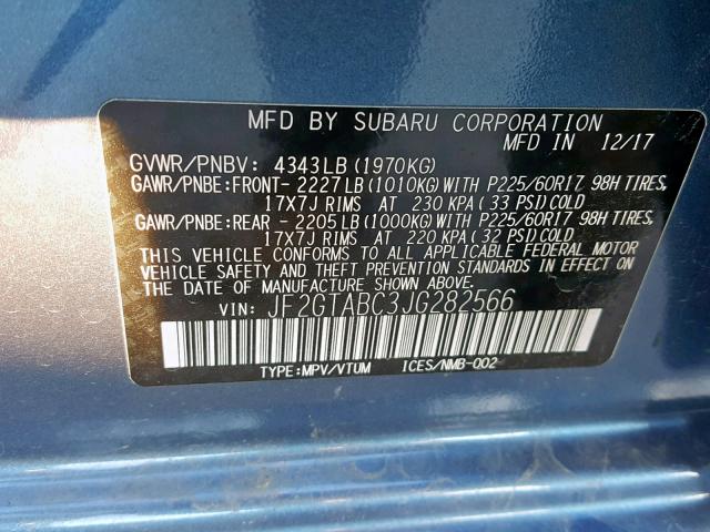 JF2GTABC3JG282566 - 2018 SUBARU CROSSTREK BLUE photo 10