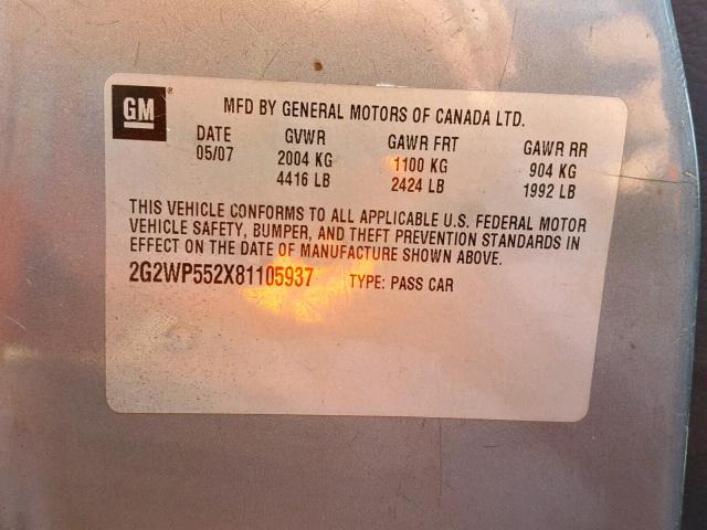 2G2WP552X81105937 - 2008 PONTIAC GRAND PRIX GRAY photo 10