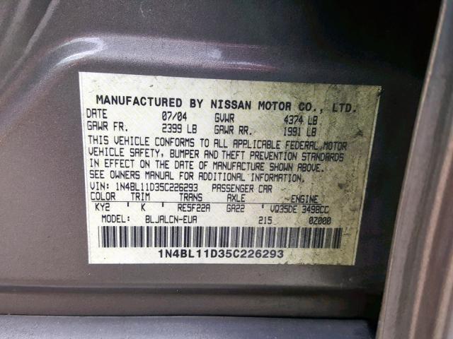 1N4BL11D35C226293 - 2005 NISSAN ALTIMA SE BROWN photo 10