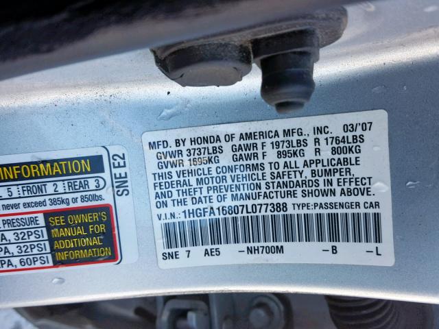 1HGFA16807L077388 - 2007 HONDA CIVIC EX SILVER photo 10