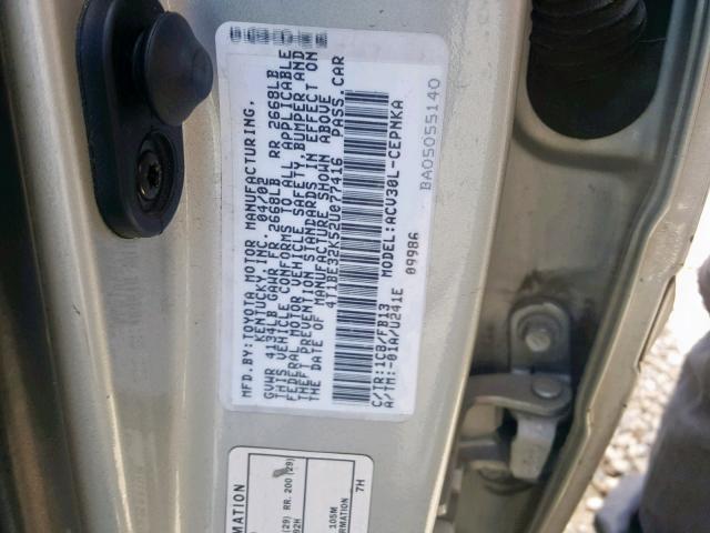 4T1BE32K52U077416 - 2002 TOYOTA CAMRY LE SILVER photo 10