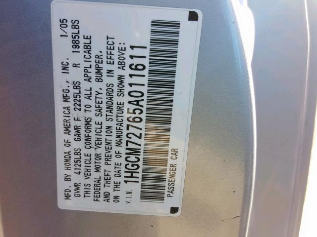 1HGCM72765A011611 - 2005 HONDA ACCORD EX SILVER photo 10