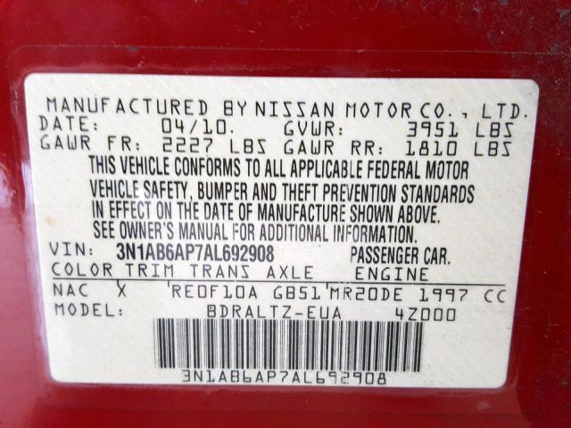 3N1AB6AP7AL692908 - 2010 NISSAN SENTRA 2.0 RED photo 10