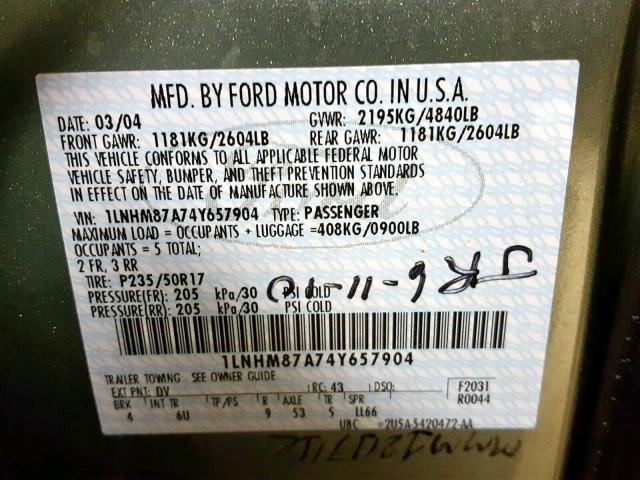 1LNHM87A74Y657904 - 2004 LINCOLN LS أخضر صورة 10