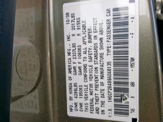 1HGCP26499A048135 - 2009 HONDA ACCORD LXP GOLD photo 10