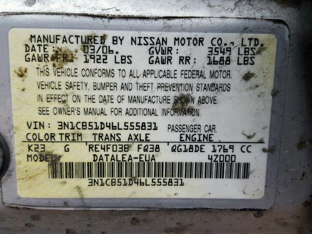 3N1CB51D46L555831 - 2006 NISSAN SENTRA 1.8 SILVER photo 10