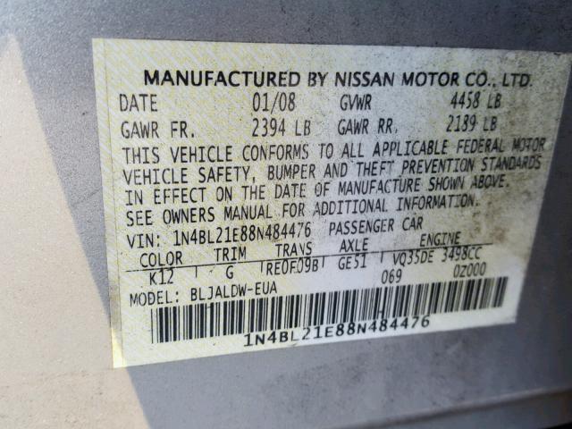 1N4BL21E88N484476 - 2008 NISSAN ALTIMA 3.5 SILVER photo 10