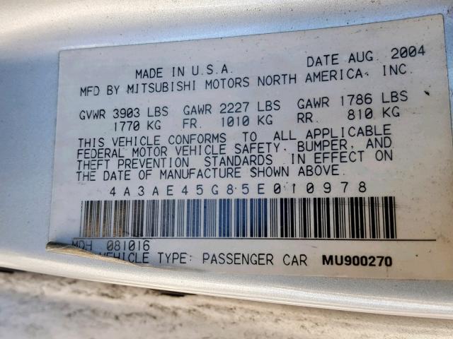 4A3AE45G85E010978 - 2005 MITSUBISHI ECLIPSE SP SILVER photo 10