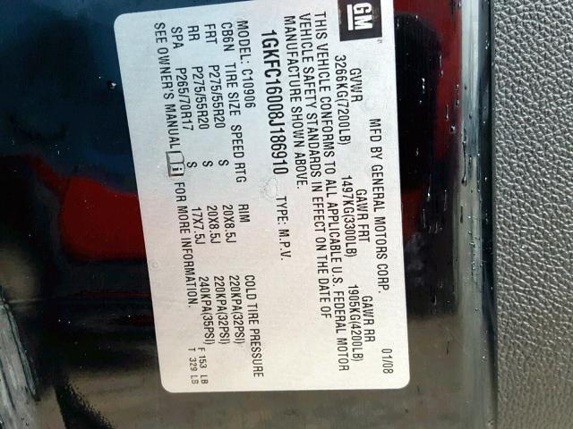 1GKFC16008J186910 - 2008 GMC YUKON XL C BLACK photo 10