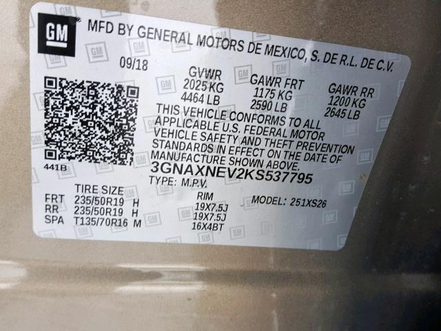 3GNAXNEV2KS537795 - 2019 CHEVROLET EQUINOX PR GRAY photo 10