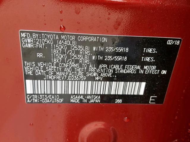 JTMDFREV7JD236759 - 2018 TOYOTA RAV4 LIMIT RED photo 10