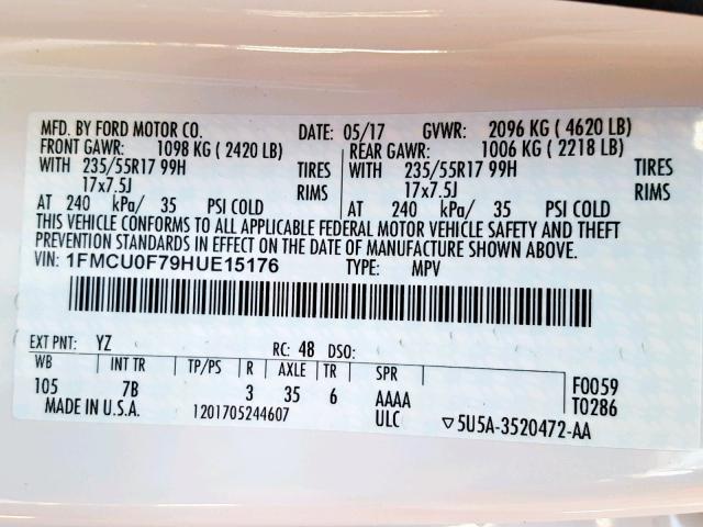 1FMCU0F79HUE15176 - 2017 FORD ESCAPE S WHITE photo 10