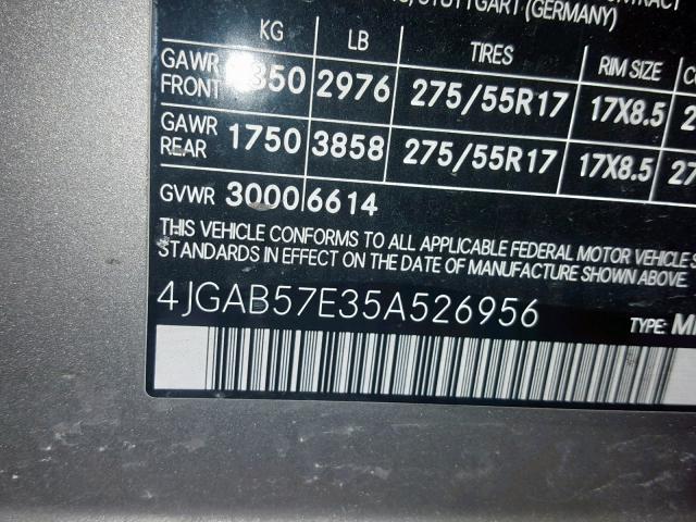 4JGAB57E35A526956 - 2005 MERCEDES-BENZ ML 350 GRAY photo 10