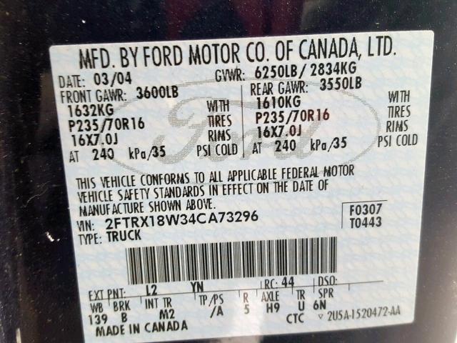 2FTRX18W34CA73296 - 2004 FORD F-150 HERI BLUE photo 10