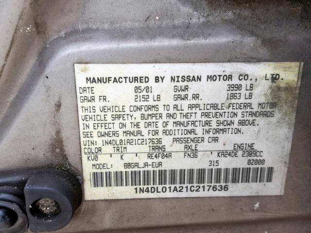 1N4DL01A21C217636 - 2001 NISSAN ALTIMA GXE TAN photo 10