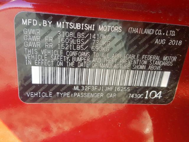 ML32F3FJ1JHF16255 - 2018 MITSUBISHI MIRAGE G4 RED photo 10