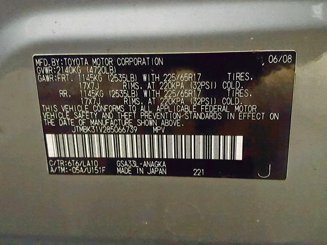 JTMBK31V285066739 - 2008 TOYOTA RAV4 LIMIT GRAY photo 10