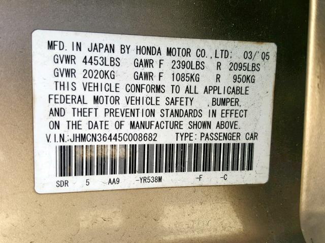 JHMCN36445C008682 - 2005 HONDA ACCORD HYB GOLD photo 10