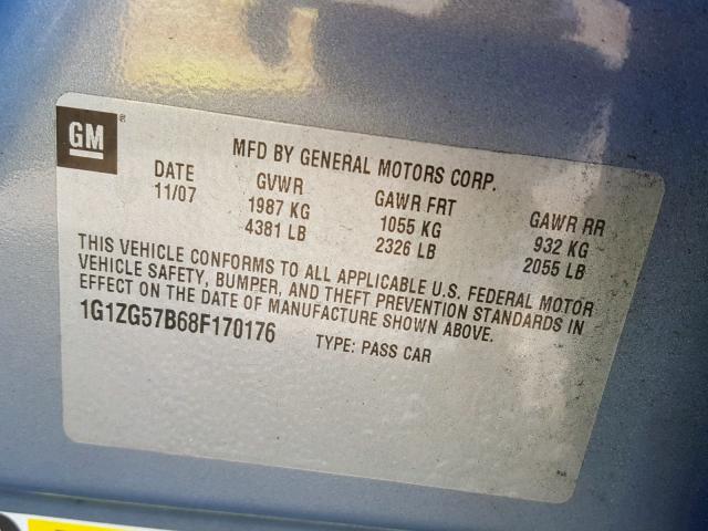 1G1ZG57B68F170176 - 2008 CHEVROLET MALIBU LS 黑色 照片 10