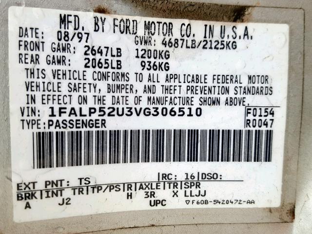 1FALP52U3VG306510 - 1997 FORD TAURUS GL SILVER photo 10