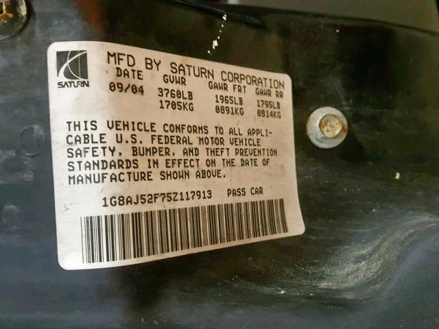 1G8AJ52F75Z117913 - 2005 SATURN ION LEVEL MAROON photo 10