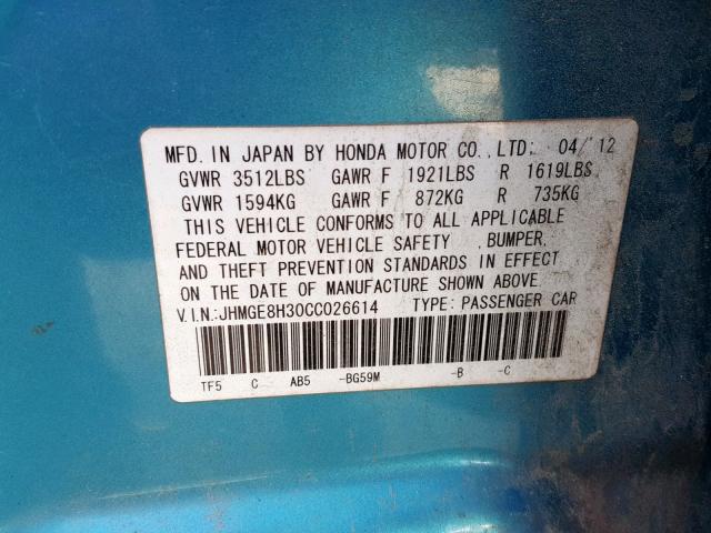 JHMGE8H30CC026614 - 2012 HONDA FIT BLUE photo 10