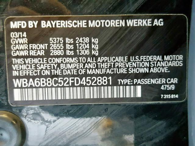 WBA6B8C52FD452881 - 2015 BMW 640 XI BLACK photo 10