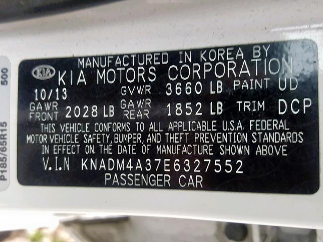 KNADM4A37E6327552 - 2014 KIA RIO LX WHITE photo 10