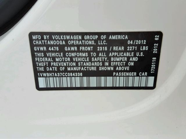 1VWBH7A37CC084336 - 2012 VOLKSWAGEN PASSAT SE WHITE photo 10